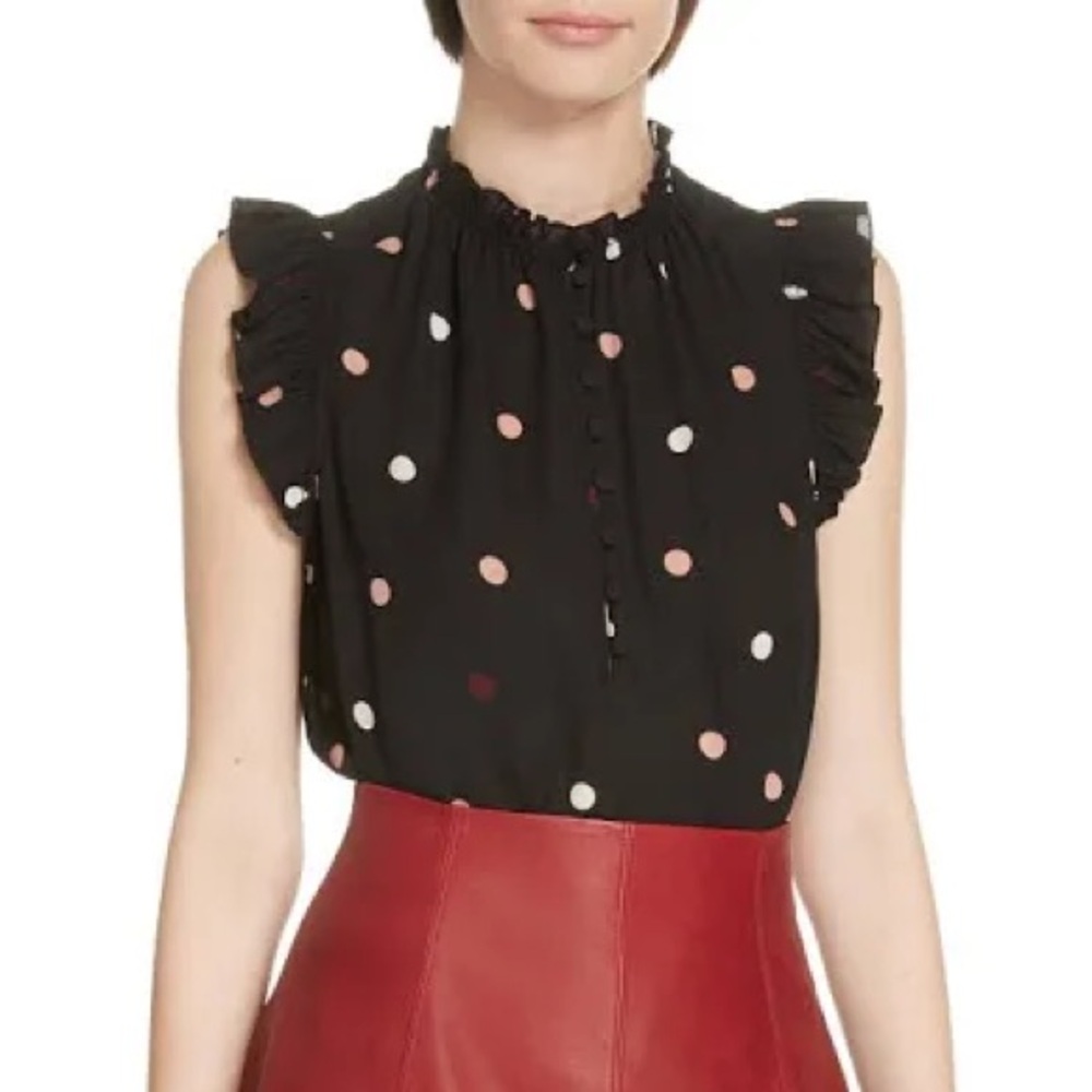 Kate Spade Bakery Dot Ruffle Trim Shell Blouse in Black Size Small